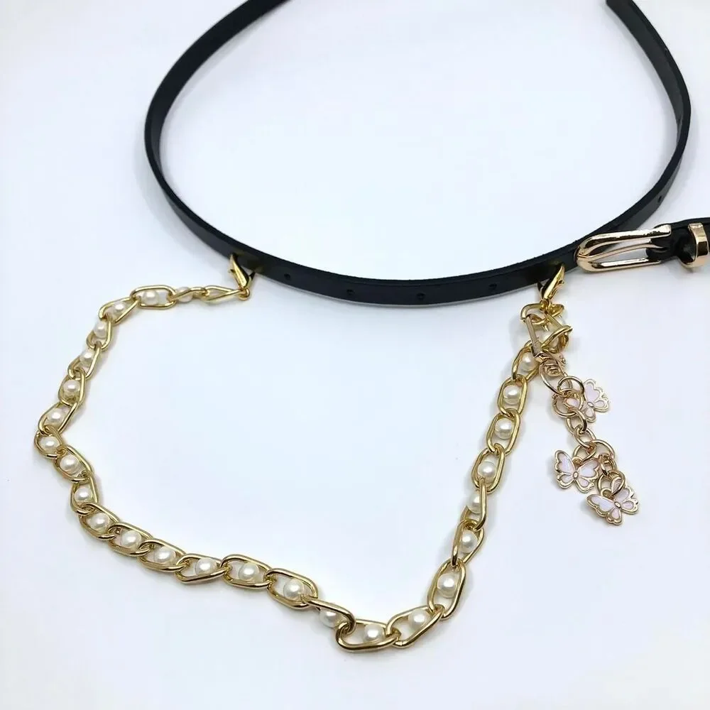 Vintage Y2K Coquette Butterfly Pearl Chain Belt, Fits 33.5–36 Inches, X7GA1194